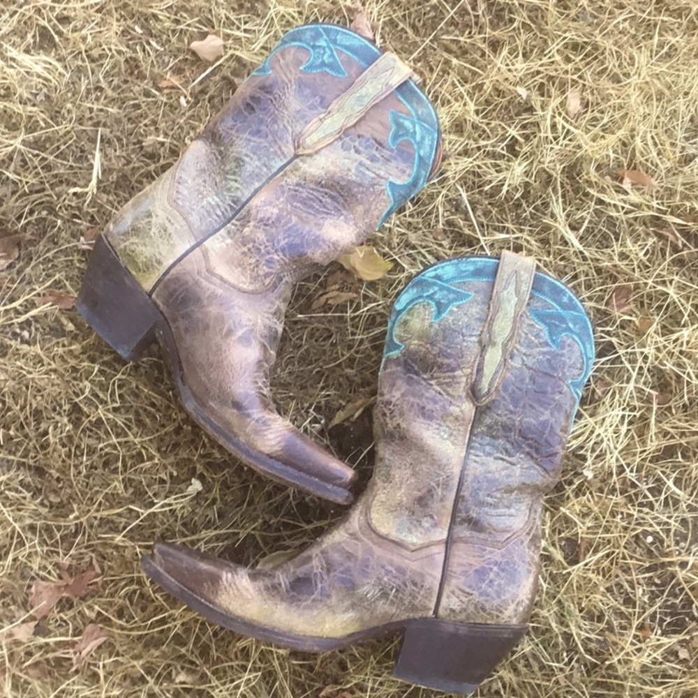 Dan Post Distressed Leather Copper w Turquois Cowboy Boots women 7.5